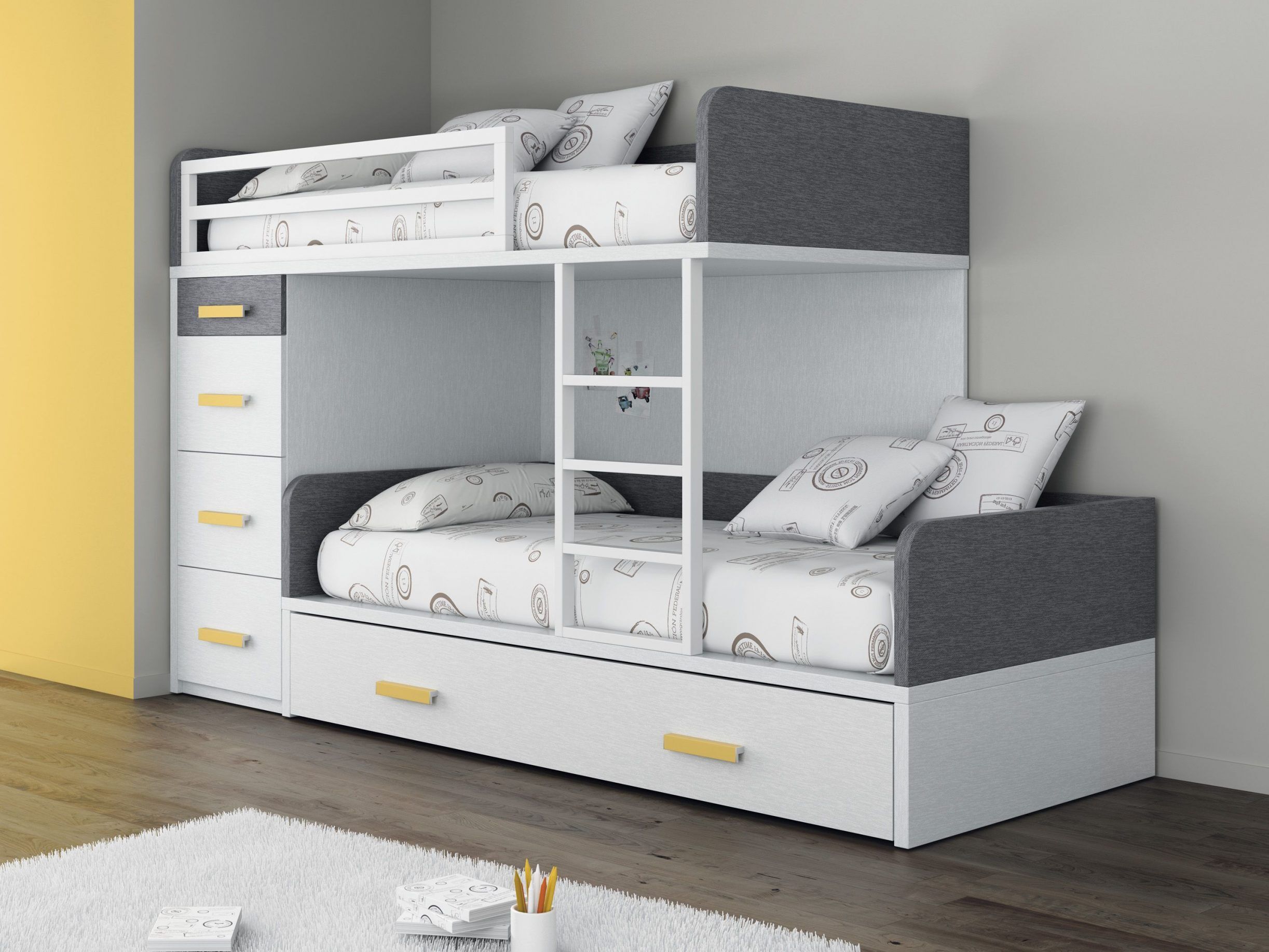 Habitación juvenil con cama tren ultracorta con tres camas