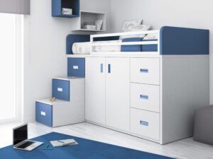 Habitación juvenil con cama alta y escalera con cajones
