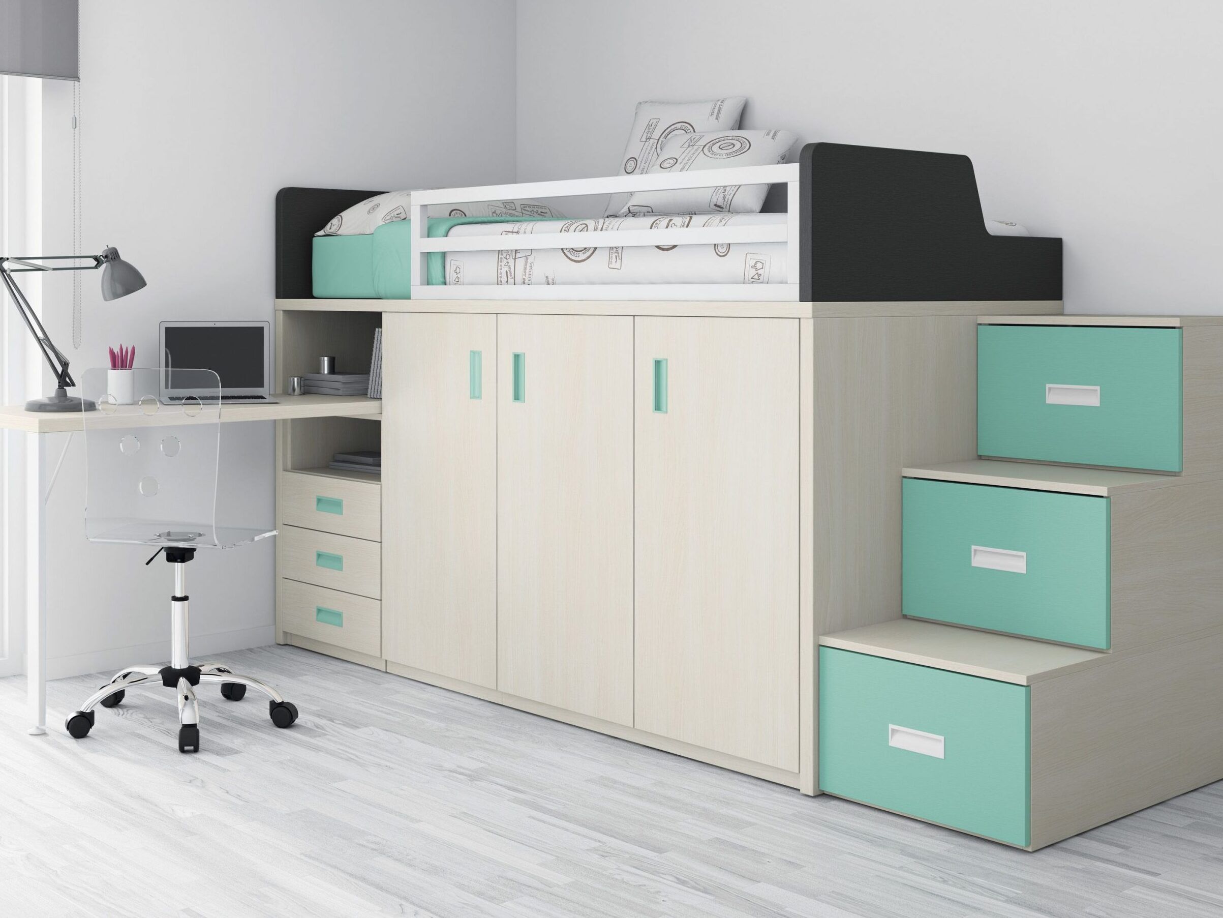 Juvenil con cama alta, mesa estudio integrada y armarios de gran capacidad