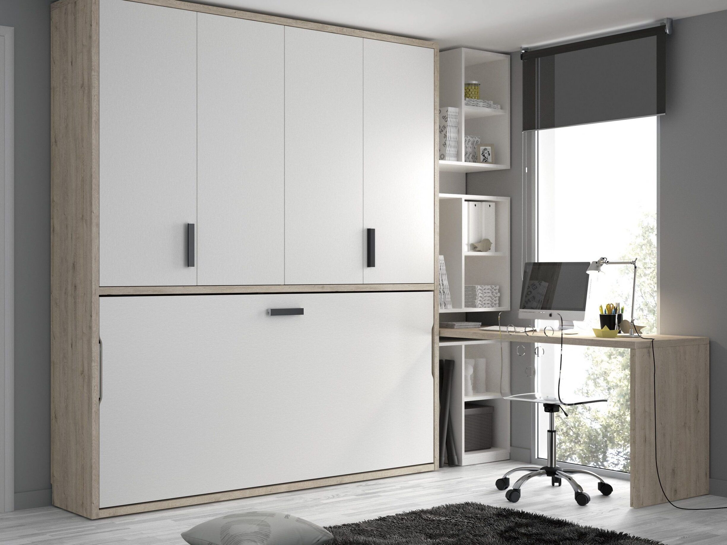 Habitación con cama abatible horizontal y zona estudio con estanterías.