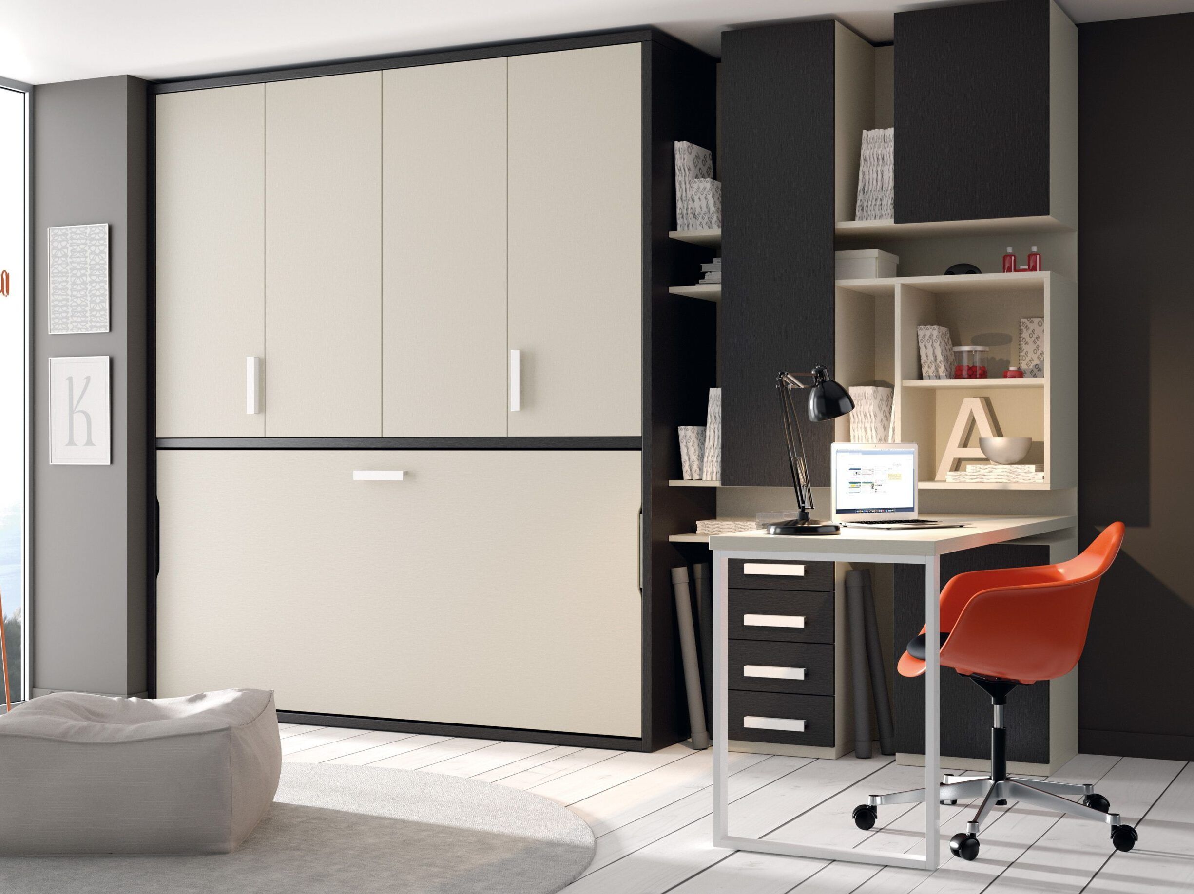 Dormitorio con cama abatible con armario y zona de estudio.