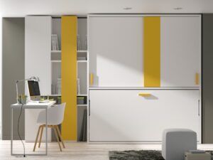 Cama abatible con armario de puertas correderas y zona de estudio.