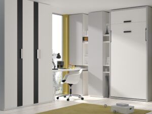 Habitación juvenil con cama abatible vertical.