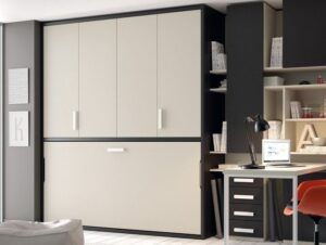 Cama abatible de 90 con armario puertas plegables. Fondo 59 cm.