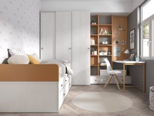 Dormitorio juvenil con cama compacta con cajones y cama nido