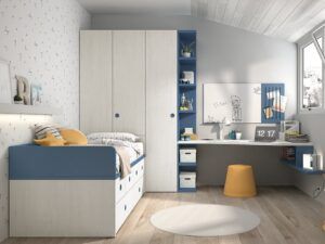 Dormitorio juvenil con cama nido, armario y zona estudio