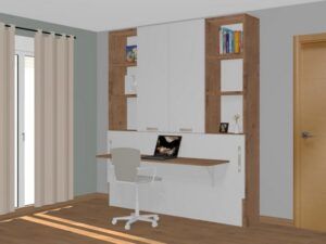 Cama abatible con escritorio de 90 x 190 ó 200 con 2 puertas centrales y estantes fondo 38