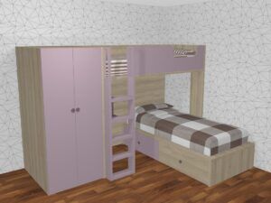 CAMA TREN EN L CON ARMARIO Y ESTANTERIA
