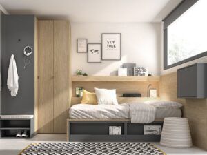 DORMITORIO CON CAMA COMPACTA Y ARMARIO CORREDERAS