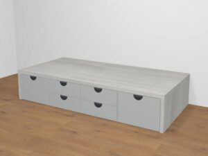 Cama compacta con 4 cajones y 2 contenedores. Altura 38,4 cm. 7 medidas a elegir.