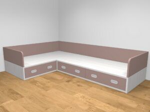 Cama compacta doble en rincón con 3 baúles, cabecero, pies y panel.