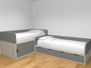 Camas compactas en escuadra con 4 contenedores y puerta corredera.
