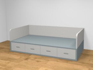 Cama compacta bicolor con 4 contenedores, cabecero, pies y respaldo. 7 medidas a elegir.