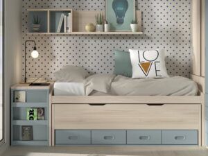 Cama desplazable con mesa - arcón y estantes pared. Cinco medidas a elegir.