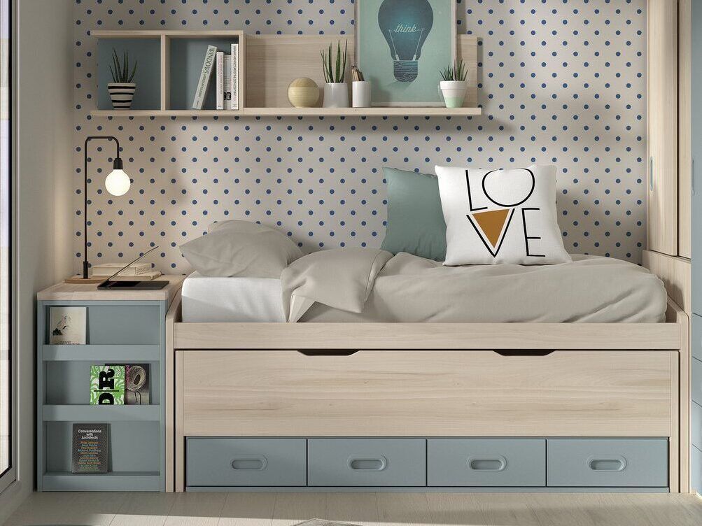 Cama desplazable con mesa - arcón y estantes pared. Cinco medidas a elegir.