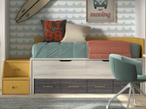 Cama desplazable con cajones y escalera contenedora