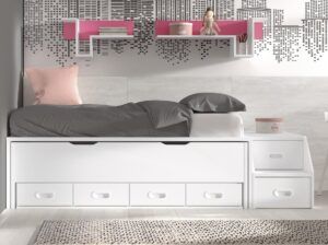 Cama desplazable baja con cajones y escalera contenedora