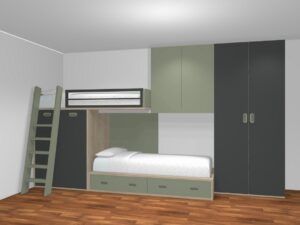 Cama tren con armarios, altillos y cajones