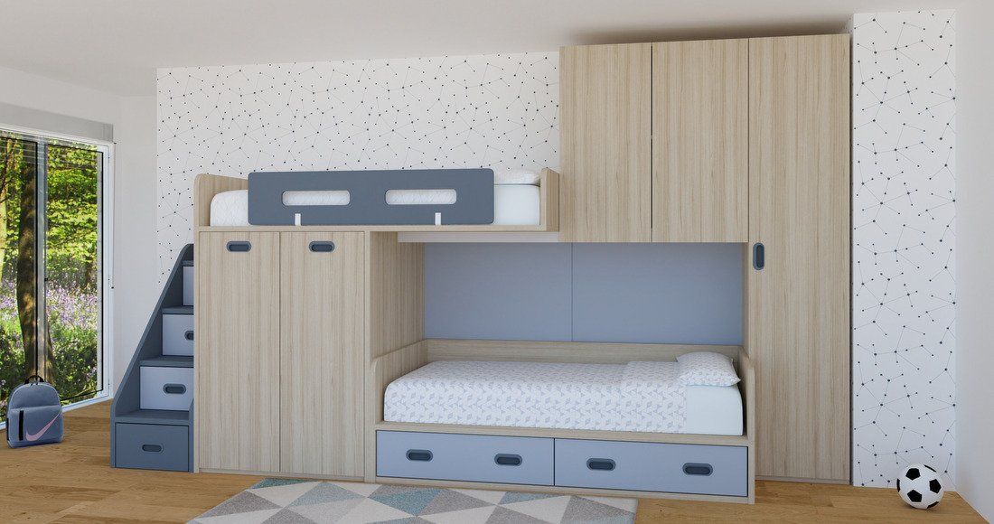 Cama tren personalizable con escalera contenedora y armarios