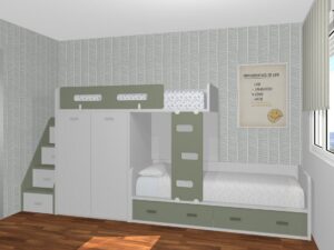 Cama tren con escalera 1 contenedor y 3 puertas, armarios y cama baja con dos cajones.