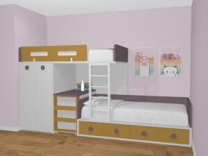 Cama tren en colores blanco, camel y lila