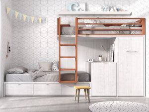 Cama tren con cama inferior con tres cajones, mesa y armario extraíble