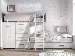 Cama tren con cama nido, modulo cajones y armario con ruedas