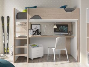 Cama alta con mesa de estudio, luz por leds y doble USB. 4 medidas disponibles