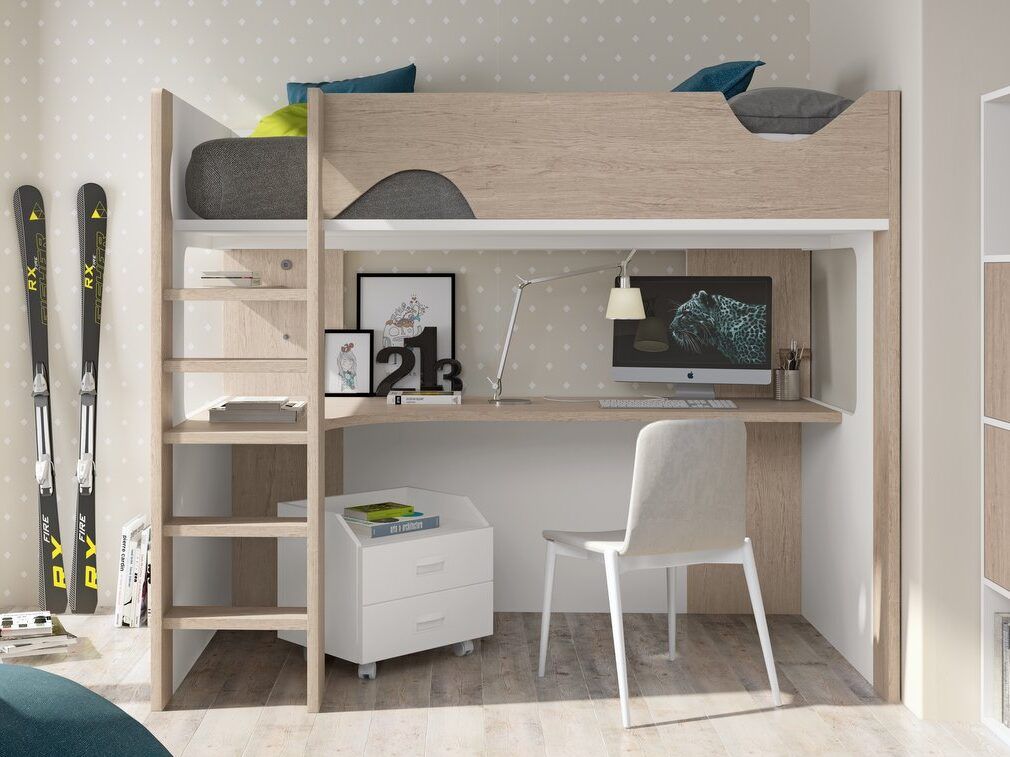 Cama alta con mesa de estudio, luz por leds y doble USB. 4 medidas disponibles