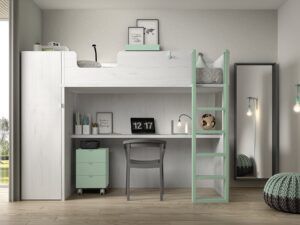 Cama alta con armario, mesa de estudio, complementos y espejo