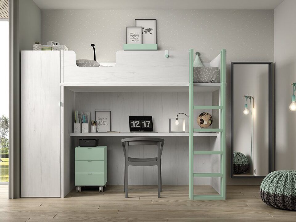 Cama alta con armario, mesa de estudio, complementos y espejo