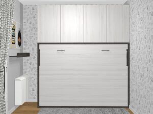 Cama abatible horizontal para colchones de 135, 140 ó 150 con altillos y estantes interiores.