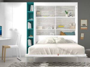 Cama abatible de matrimonio con estantes interiores fondo 57,5 cm.