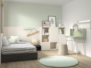 Habitación con canapé, estanterías y original tocador con espejo y leds