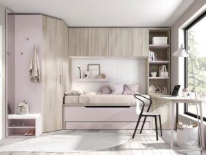 Dormitorio juvenil con armario, bicama, puente y zona estudio