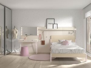 Elegante dormitorio juvenil con armario puertas espejo y tocador para maquillaje