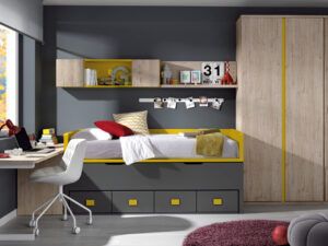 Dormitorio juvenil con cama desplazable, zona de estudio y armario