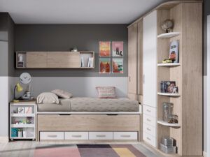 Juvenil con cama desplazable y cajones bajos, zona de estudio extraíble y armario amplio