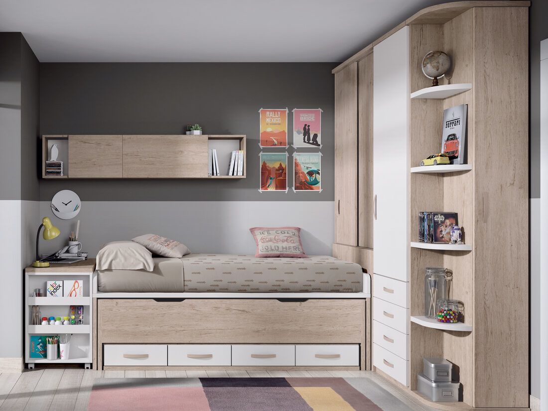 Juvenil con cama desplazable y cajones bajos, zona de estudio extraíble y armario amplio