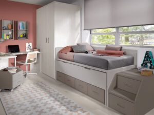 Dormitorio juvenil con armario superfondo, cama desplazable con cajones, escalera y zona de estudio