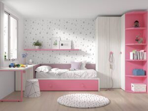Dormitorio juvenil con zona de estudio, cama nido y armario rincón de gran capacidad