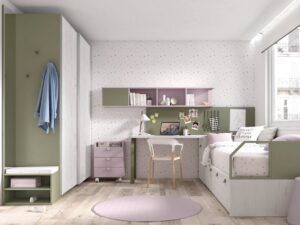 Dormitorio infantil con armario, zona estudio y compacta contenedores