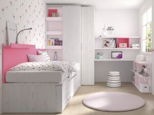 Elegante y completo dormitorio juvenil en nevado, azalea y rosa palo