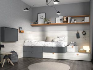 Juvenil dos camas con escritorio plegable con leds, USB y enchufe