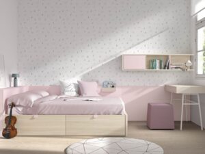 Elegante dormitorio juvenil en Bio y Rosa palo con canapé y tocador
