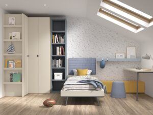 Dormitorio con armario rincón, estantería, módulos de almacenaje y mesa estudio
