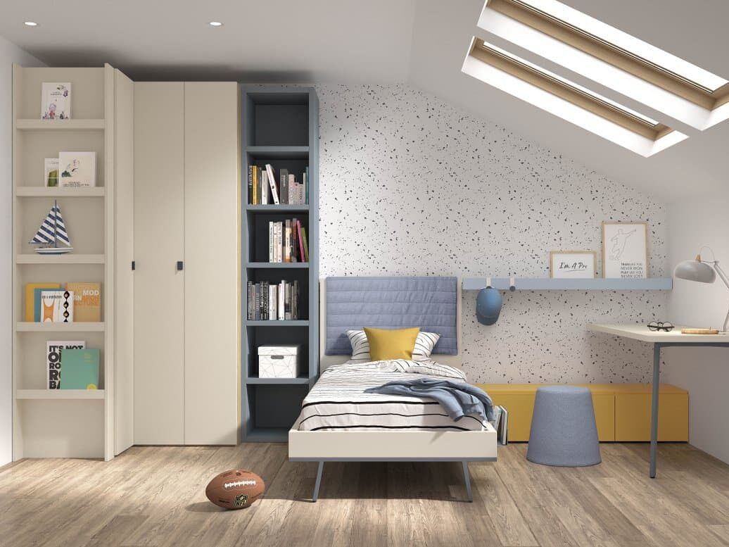 Dormitorio con armario rincón, estantería, módulos de almacenaje y mesa estudio
