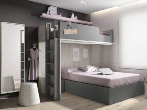 Litera con cama canapé de 135 x 190 en escuadra, espejo pared y complementos