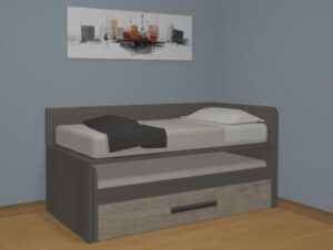 Compacta triple con desplazable vista. Cama alta con brazo y respaldo.