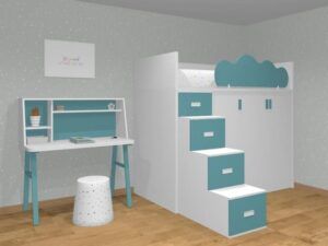 Cama alta con armarios y escalera de cajones